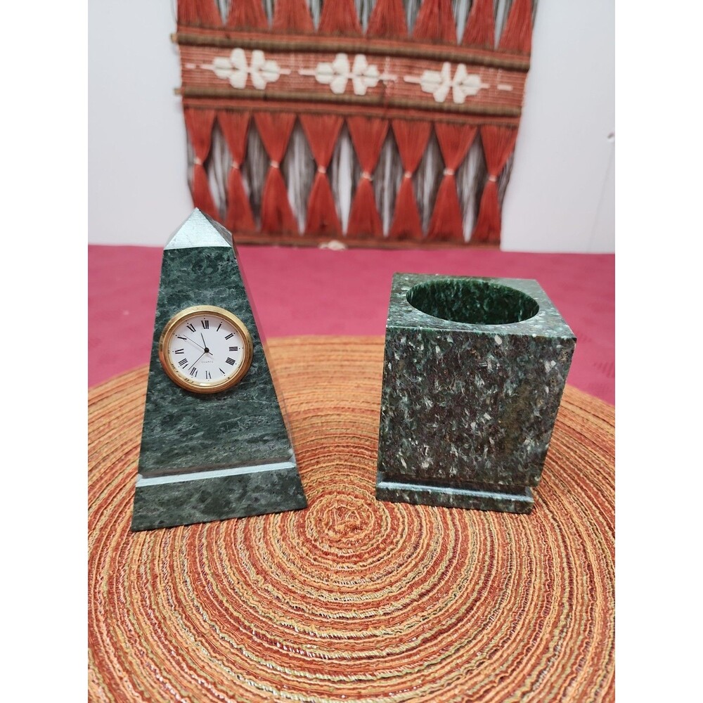 Vintage Green Marble Desk Set Pyramid Clock And Pen/Pencil Holder Clock Untested